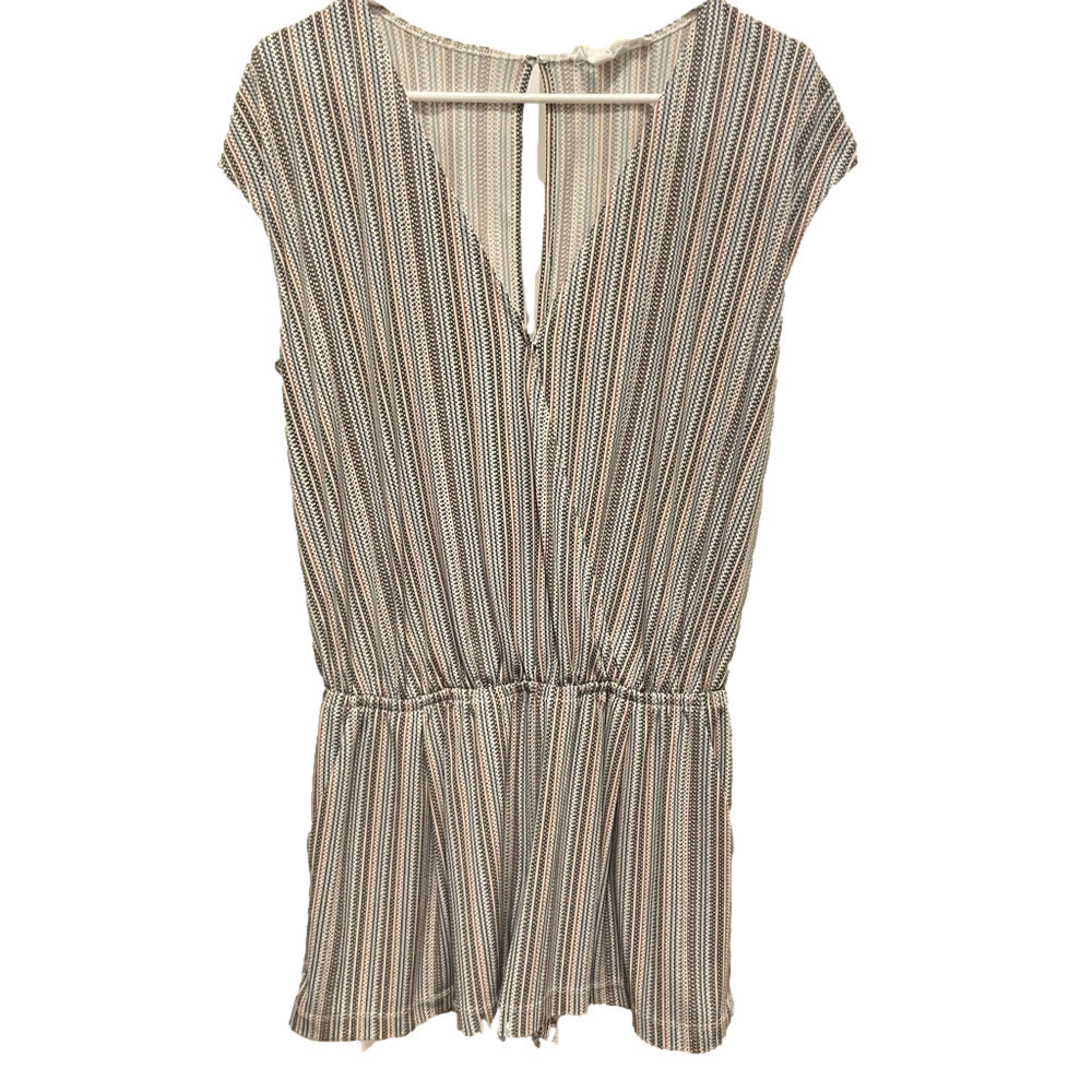 BCBGeneration Striped Romper Women's Medium V-Neck Elastic Waist Pockets